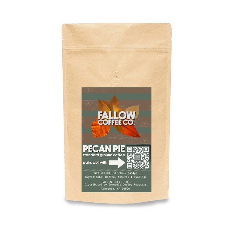 A stand-up kraft paper coffee bag labeled Fallow Coffee Co. Pecan Pie, shown on a plain white background.